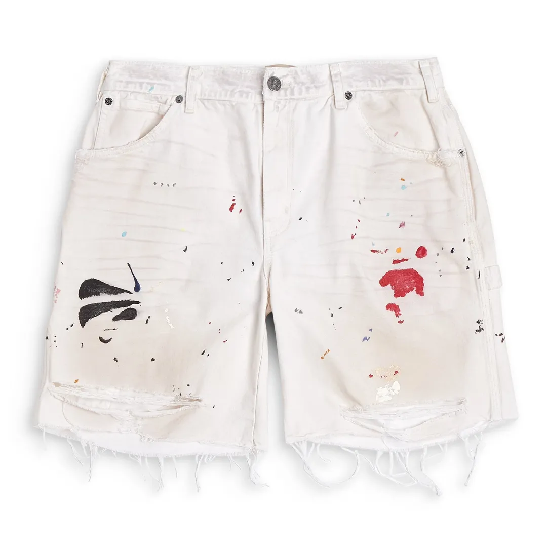 GALLERY DEPT. FLEA CARPENTER SHORTS Ink-cut knife-cut mud-dyed denim shorts. Destroy VINTAGE distressed denim shorts. Distressed white S-XL. Rewashed cement-dyed to make it old. Knife cut holes. Cat whiskers are worn. Customized full set with logo accessories. Purely handmade acrylic splash-ink graffiti.